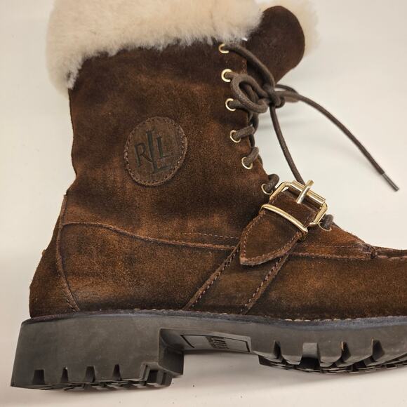 Lauren Ralph Lauren ZABBY Brown Suede Shearling Lace-Up Lug Sole Boots, Sz 8 - Picture 4 of 14